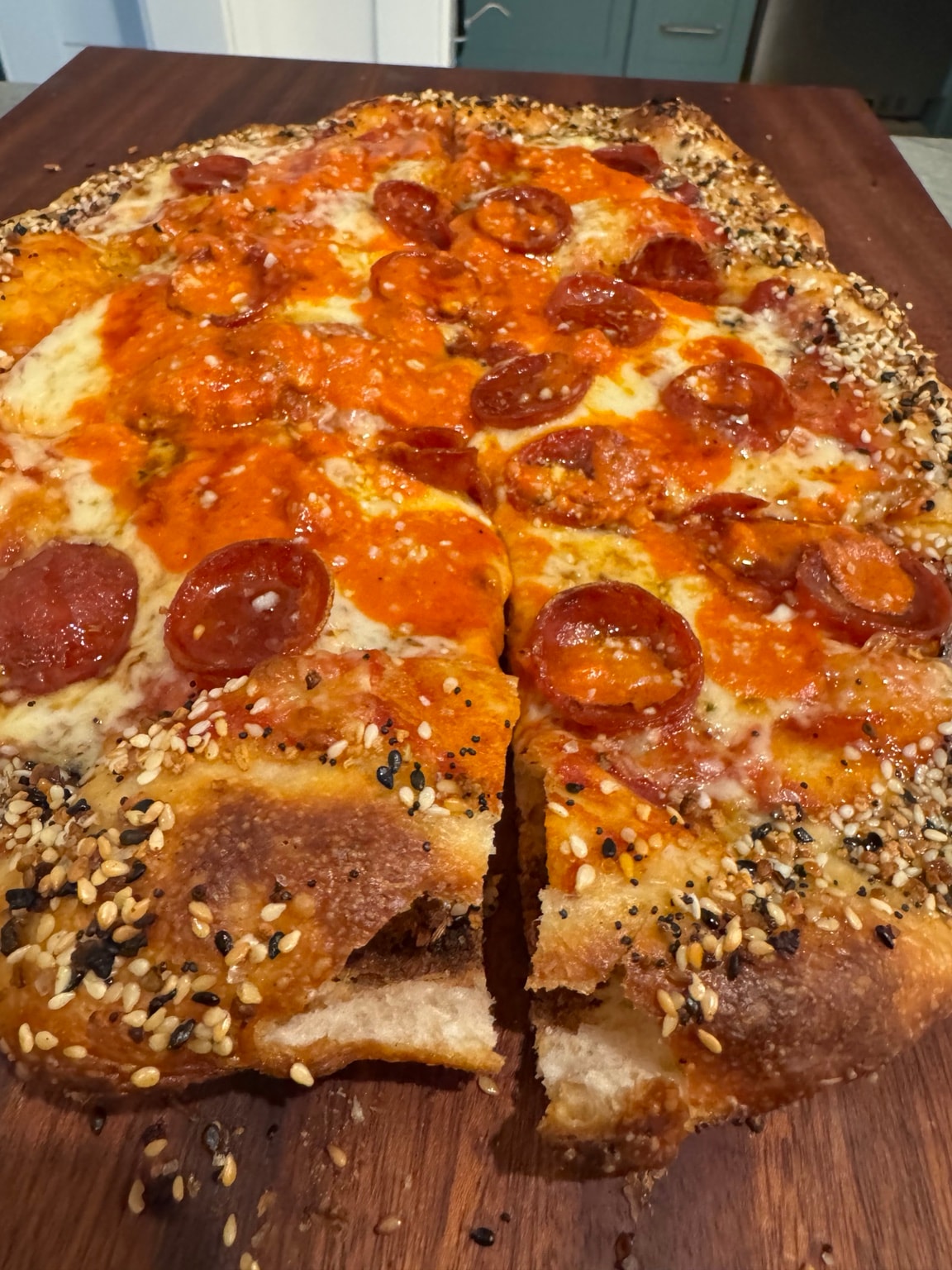 Greg's pepperoni pizza with seeded crust