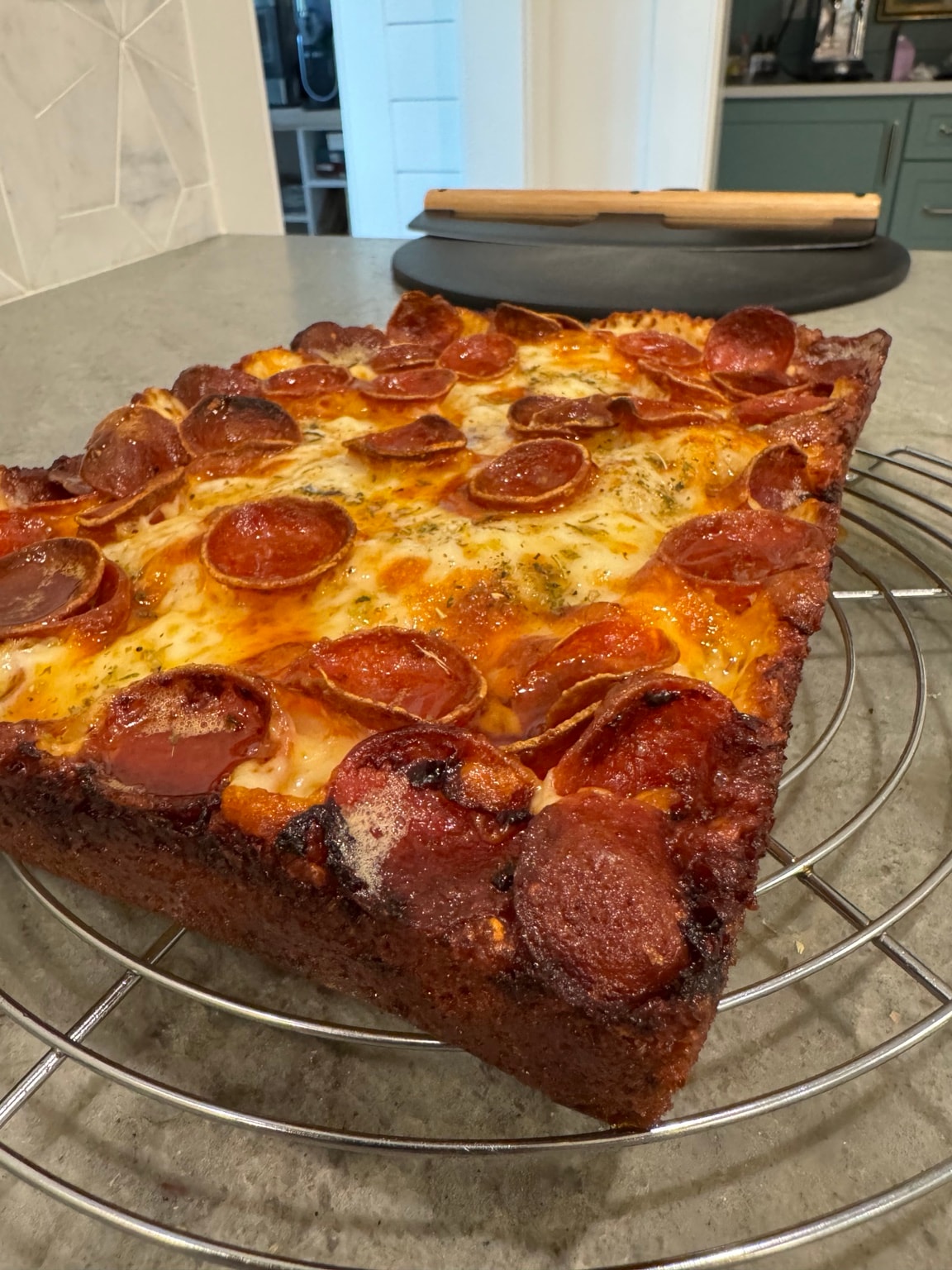 Greg's Detroit-style deep dish pepperoni pizza